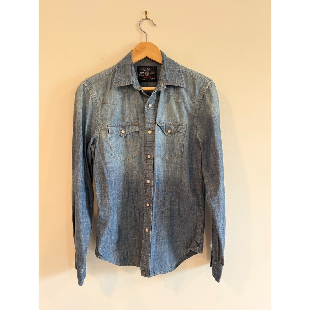 American Eagle Shirt Mens XS Blue Denim Long Sleeve Pearl Snap Cowboy Western